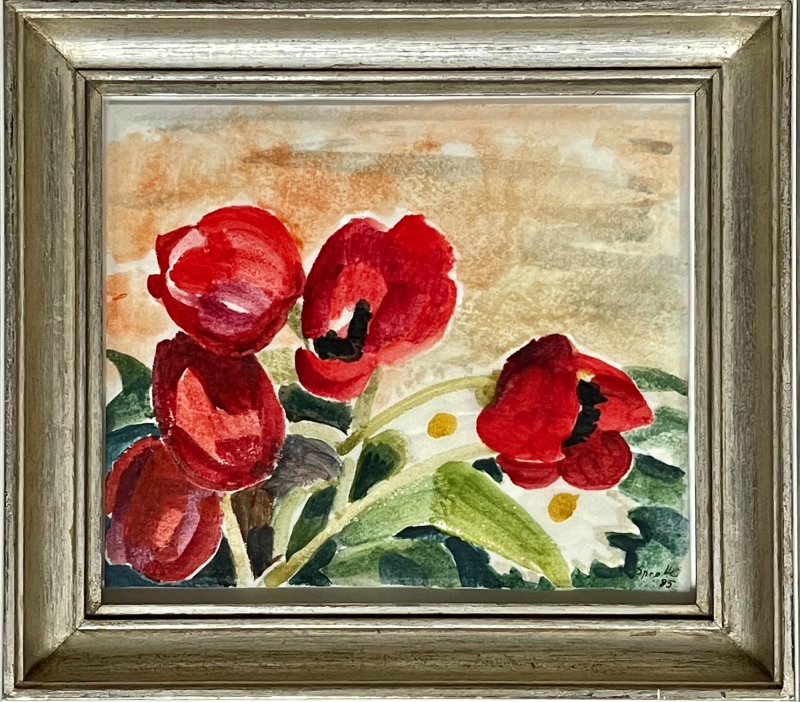 Siegward Sprotte, Tulpen und Margeriten, 1985, Aquarell auf Pergament, 24,6 x 29,3 cm